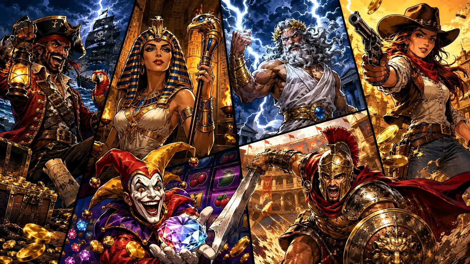 Ilustracja slotów w RoyalRook: pirat, Kleopatra, Zeus, kowbojka, joker i gladiator